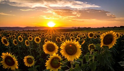 A vibrant sunset bathes a field of sunflowers in golden light. The sun descends below the horizon, casting long shadows
