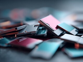 Close-up of colorful memory cards scattered on a surface. Modern digital storage devices with reflective metallic finish in pink, teal, and silver tones. Concept of technology and data storage