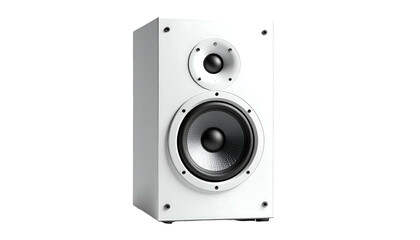 A sleek, white bookshelf speaker with a two-way driver system, featuring a woofer and tweeter.  High-gloss finish