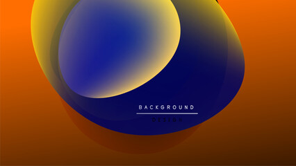 Abstract shapes overlap, creating vibrant color gradients. Orange, yellow, blue dominate dark background. Modern design element.