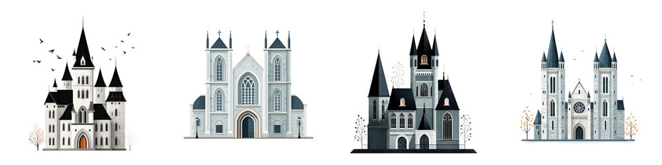 Obraz premium Fantasy Castle Collection: Gothic Architecture Illustration on White