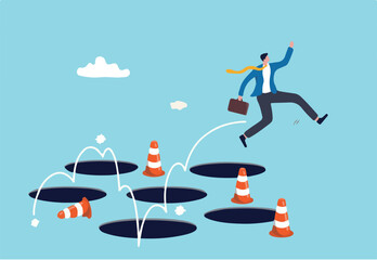 Avoid pitfall, adversity and brave to jump pass mistake or business failure, skill and creativity to solve problem concept, smart businessman jump pass many pitfalls to achieve business success.