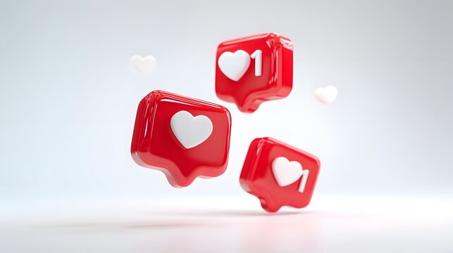 Three red social media like notification icons with hearts floating