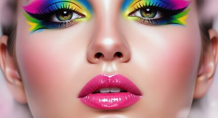 Closeup of a womans face with vibrant rainbow makeup, showcasing artistic eyeshadow and glossy pink lips, highlighting beauty and creative expression