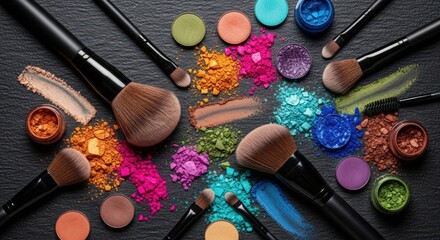 A vibrant array of makeup brushes and colorful eyeshadows scattered on a dark surface, creating an artistic and visually appealing composition