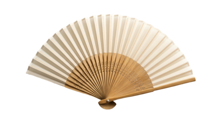 Cream and beige hand fan,  light wood handle