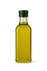 Glass bottle containing fresh olive oil on transparent background