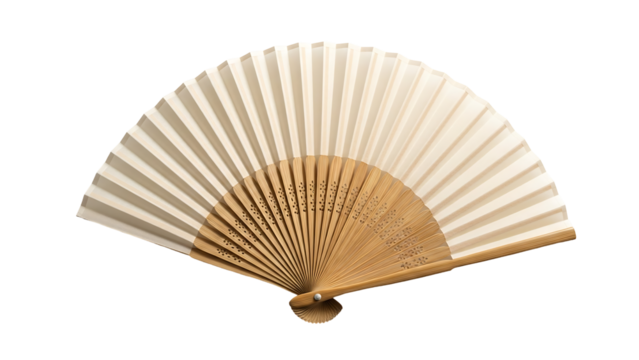 Cream and beige hand fan,  light wood handle