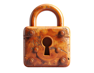 Weathered orange padlock, square body, keyhole, rounded top, textured surface, worn appearance, showing age and use