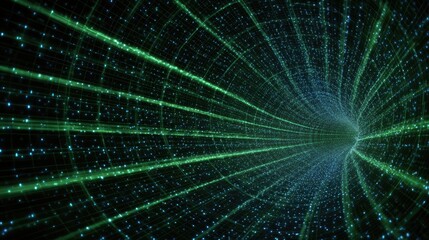 Abstract Visualization of a Green Digital Tunnel with Rays of Light and Stellar Particles in a Futuristic Environment