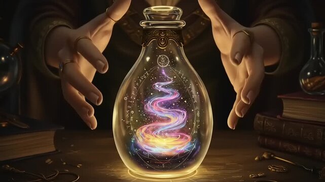Enchanted potion bottle glowing with swirling magic in a mystical setting surrounded by books