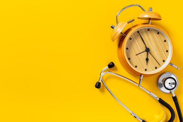 Stethoscope and vintage alarm clock, top view. Time for medical checkup