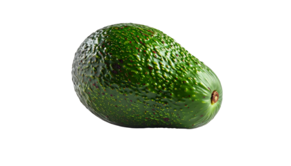 A single, ripe avocado with dark-green skin, speckled with tiny reddish-brown spots, rests on a black background