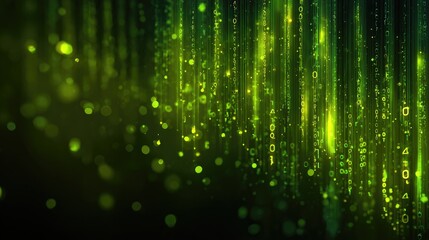 Abstract Green Digital Background with Glowing Binary Code and Bright Particles for Technology and Data Concepts