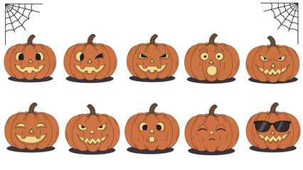 Collection of Halloween jack o’lantern pumpkins with 10 different expressions. Cute and spooky carved faces vector set, perfect for decorations, icons, and seasonal design.
