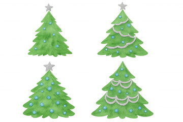 Fototapeta premium Christmas trees watercolor set with star and ornaments, holiday season decoration, celebrating winter festive event
