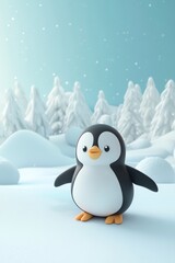 Adorable cartoon penguin stands in a snowy landscape, surrounded by fluffy white hills and pine trees. Perfect for winter-themed projects and children.