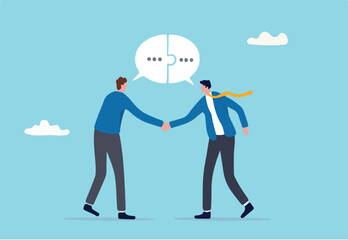 Success communicate, discussion or interview, achieve business agreement, solution or partnership deal, perfect match connection concept, businessmen handshake with connect speech bubble jigsaw. 