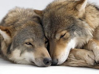 Obraz premium Two wolves sleeping peacefully. They are laying side-by-side. The fur is a mix of brown and grey.