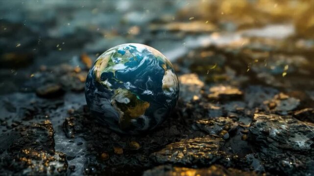 The globe stands on oil-contaminated soil, symbolizing ecological disaster and environmental pollution. Suitable for publications on climate issues, environmental campaigns, nature conservation materi