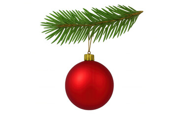 Red christmas ornament hanging on pine branch, celebrating winter holidays and festive season