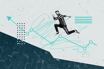 Creative poster pop 3d collage photo of happy businessman run arrow pointer career promotion aim achievement progress chance