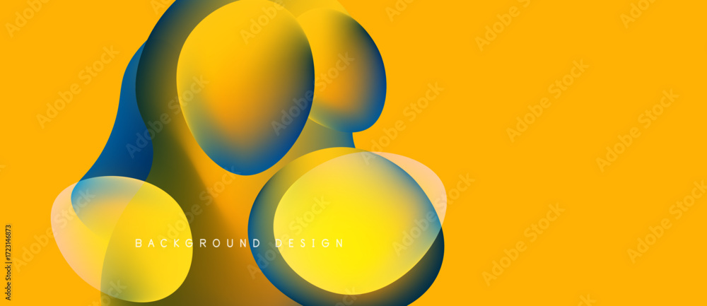 Poster abstract shapes overlap, creating vibrant color gradients. yellow background provides strong contras