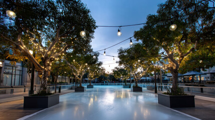 Naklejka premium An outdoor ice skating rink surrounded by trees and lights, with a clear sky above for text. Merry Christmas and Happy Holidays greeting card, frame, and