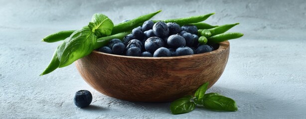 The vibrant bowl of blueberries and green beans with fresh basil garnish.