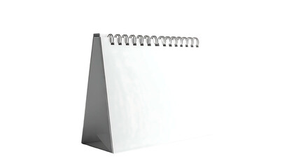 Blank white desktop calendar, triangular base, spiral bound, isolated on black background