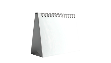Blank white desktop calendar, triangular base, spiral bound, isolated on black background