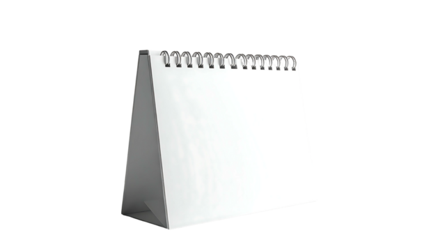 Blank white desktop calendar, triangular base, spiral bound, isolated on black background