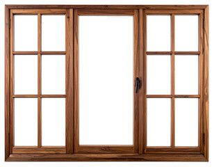A rich brown wooden window, three-pane design, each with six square panes, features a central casement window and dark metal hardware