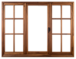 A rich brown wooden window, three-pane design, each with six square panes, features a central casement window and dark metal hardware