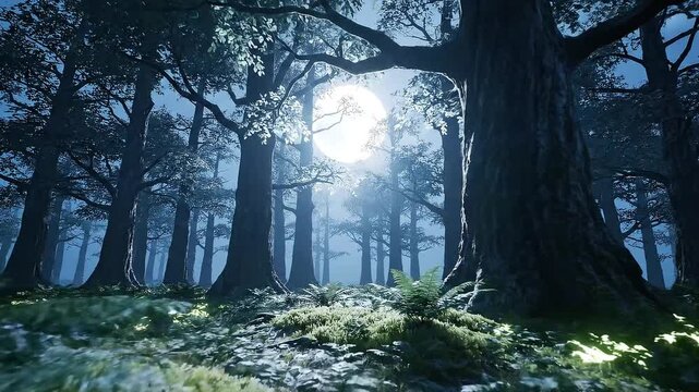 Forest scene at night light filters through trees onto green moss and ferns on the ground