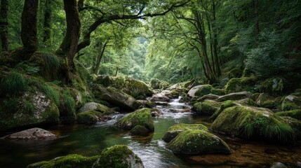 Serene Forest Stream Surrounded by Lush Green Foliage and Mossy Rocks in a Peaceful Natural Landscape