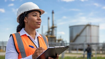 Female engineer inspecting industrial plant with safety gear and taking notes in clipboard with copy space.