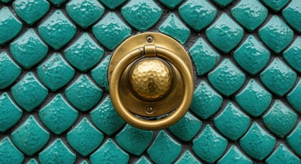 Ornate brass door knocker on teal dragon scale texture