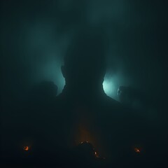 Silhouette of a person in a dark, foggy environment with hints of fire and mystery.