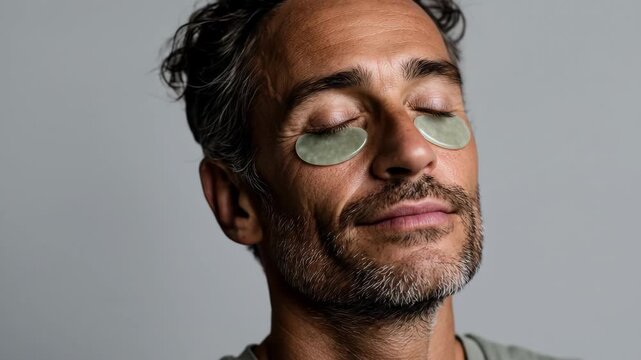 Mature man relaxing with under-eye patches, breaking stereotypes and showing that skincare, self-care, and wellness are for everyone.
