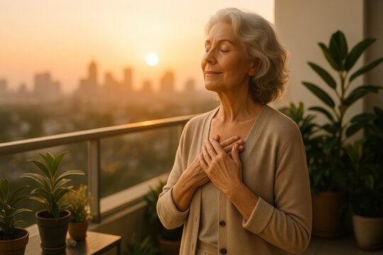 Senior woman practicing mindfulness at sunset