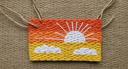 Handwoven sunrise and cloud pendant with twine necklace