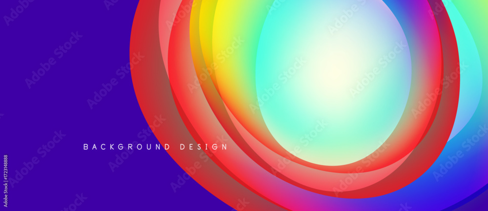Poster abstract colorful circles overlap purple backdrop. bright gradients create dynamic visual effect. mo