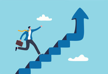 Improvement or career growth, stairway to success, growing income or improve skill to achieve business target concept, confidence businessman step walking up stair of success with rising up arrow.
