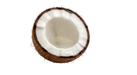 Fresh half coconut, isolated on transparent background, a tropical fruit perfect for culinary uses, exotic drinks, and healthy snacking options