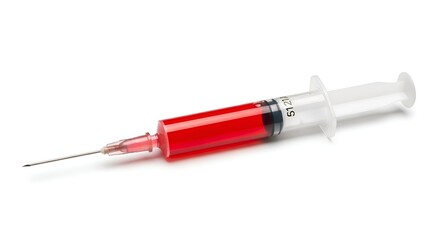 Fototapeta premium A medical syringe with a red liquid inside, isolated on clean surface