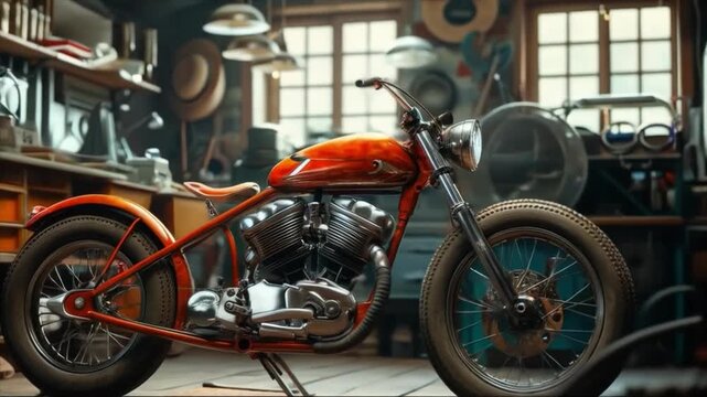A motorcycle in a workshop with tools and parts in the background, bright light shining through the windows. Perfect for articles about vehicle repair, garage interior design, motorcycle reviews, or c