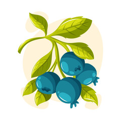 Vector blueberries with green leaves. Cartoon berries for food design, garden harvest, healthy lifestyle and summer decoration.