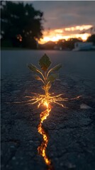 Plant symbolizing growth, hope, resilience, breaking through urban asphalt