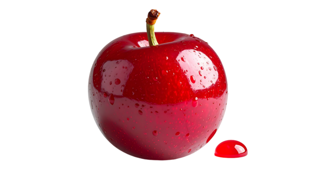 A single, glistening red apple with a dewdrop rests beside it against a black background